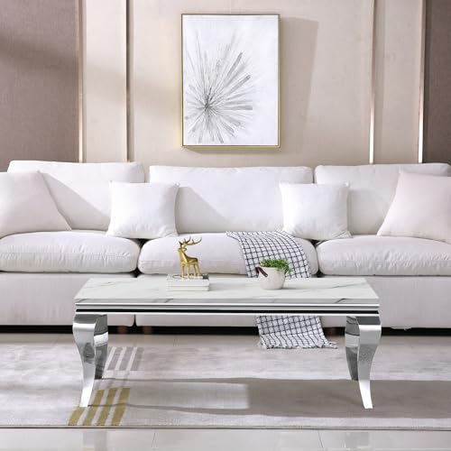 Image of Luxury Marble Coffee Table, Premium White Faux Marble Top, Silver Stainless Steel S Legs, 47 inch Rectangular Living Room Center Table, Modern Coffee Tables for Living Room, Apartment, Home Decor