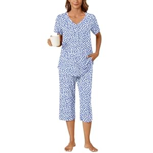 Bestbee Womens Pajama Set, 2 Piece Lounge Outfits Summer Sleep Set V Neck Short Sleeve Pant With Pockets Ladies Pjs Set