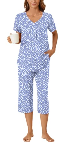 Bestbee Womens Pajama Set 2 Piece Lounge Outfits Summer Sleepwear V Neck Short Sleeve Capri Pant With Pockets Ladies Pjs