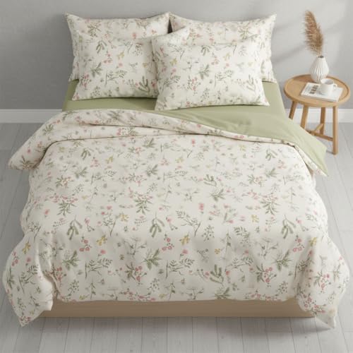 Michorinee Double Duvet Cover Botanical Green White Bedding Double Bed Set Reversible Microfiber Leaves Floral Pattern Duvet Cover Double 200x200 cm and 2 Pillow Case 50x75 cm