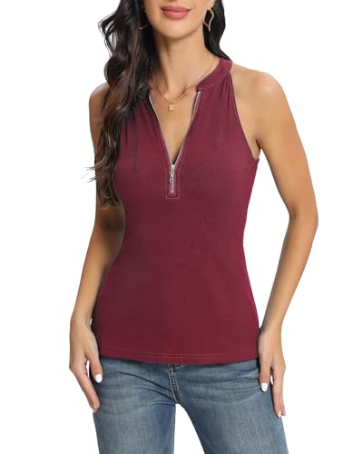 AxByCzD Date Night Tops for Women Sexy Classy Casual Summer Trendy 2026 Zip Up Ribbed Fitted Sleeveless Blouses Red X-Large