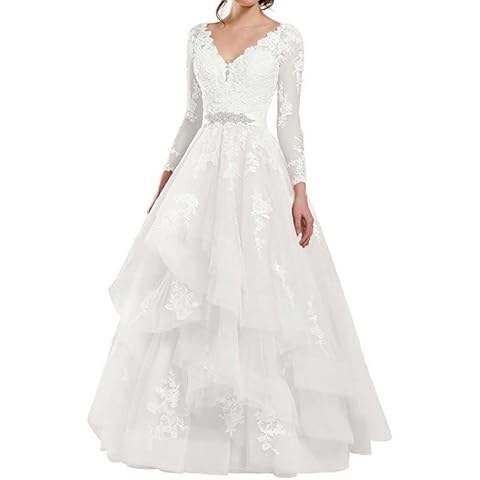 Jaeden Lange Hochzeitskleider Brautkleid Prinzessin Ballkleider Tüll Spitze Abendkleider V-Ausschnitt Langarm Elfenbein EUR46 Cover