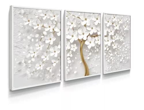 Quadro Decorativo Floral Branco Parede Sala Quarto Dourado