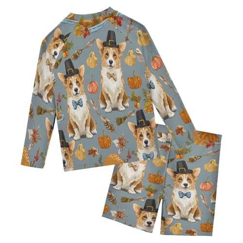 Corgi Dog Pumpkins Maple Boys Swimsuit Rash Guard Toddler Kids Long Sleeve Swim Shirt and Trunks Swimwear Set 3-10Y2