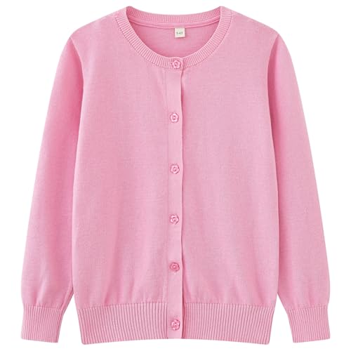 Image of UMELOK Girls Cardigan School Uniform Sweater Crew Neck Long Sleeve Cotton Sweaters