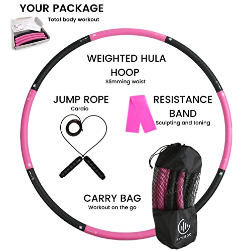 Fiteroc Weighted Fitness Hula Hoop Adult Beginner - Weighted Hula Hoop For Adults - Detachable And Portable - Exercise Holahoop With Jump Rope, Resistance Band And Carry Bag (Black/Pink) #TOP4