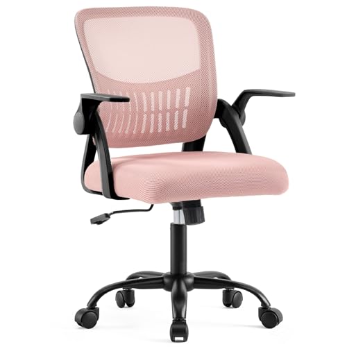 DUMOS Home Office Desk Chair - Ergonomic Computer Mesh Chair with Lumbar Support & Rocking Mode, Height Adjustable with Flip-up Armrest, for Conference, Meeting Room, 360° Swivel, Adults, Pink