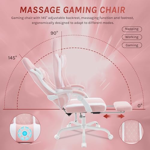 Sedia Gaming con Massaggio, Poltrona Ufficio Ergonomica, Ampia Sedia Girevole Imbottita per Computer con Cuscino Lombare Massaggiante, Carico 150 Kg, Tessuto a rete Rosa+Bianco - Sedia gaming - Immagine 6