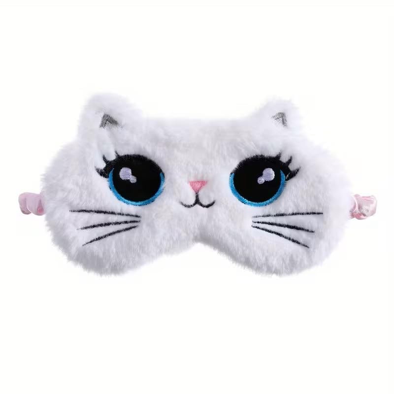 1pcs Cute Cartoon Cat Plush Eye Mask, Sleep Mask for Office Naps Travel & Home Use, White