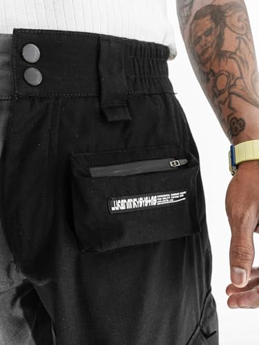 Image of URBAN MONKEY Ripstop Cargo Pants / / Black 65% Polyester 35% Ripstop Solid Relaxed Fit True to Size Full Length Contrast Stitch Detailing Button and Zip Closure with Belt Loops 12 Functional Pockets