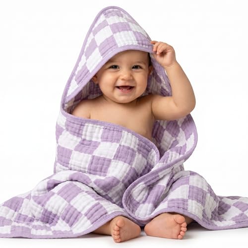 Image of Ultra-Soft Muslin Baby Towel - 32 x 32 Inches, Ideal for Bath & Beach, Suitable for Both Boys & Girls from Newborns to Toddlers(Purple Plaid)