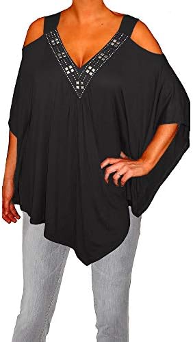 Funfash Plus Size Tops for Women Black Cold Open Shoulder Angel Sleeve Deep V-Neckline with Sparkling Sexy Flowing Tunic Top Blouse Shirt