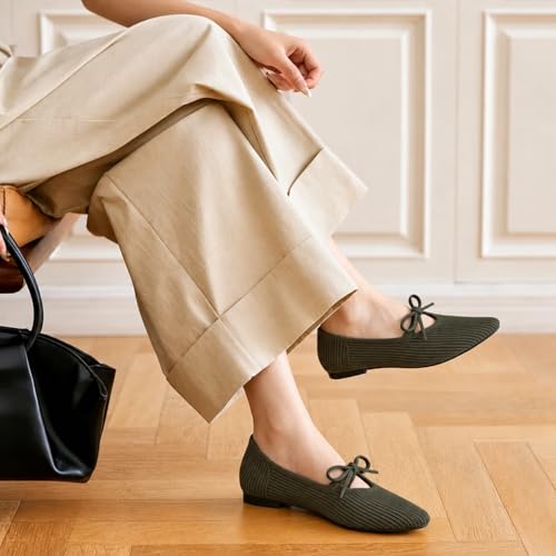 Image of TINGRISE Women's Pointed Toe Flats Comfortable Knit Ballet Shoes Washable Dressy with Bow Business Casual Work Shoes
