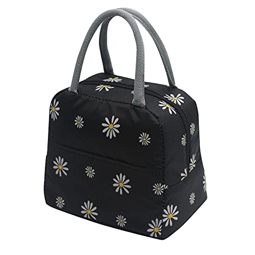 Mziart Floral Lunch Bag for Women Girls Work School, Cute Insulated Lunch Tote Bag Reusable Thermal Lunch Containers Meal Prep Lunch Box Organizer Lunch Cooler Bag (Black Daisy)