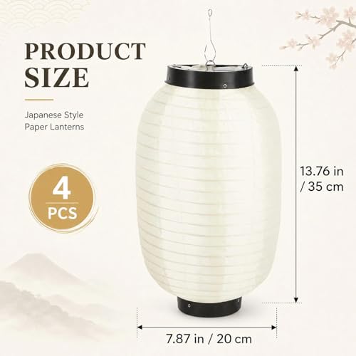 Image of LOGOFUN 4Pcs Japanese Style Hanging Lantern 8 Inch | Paper Material; Waterproof; For Sushi Bar Traditional Restaurant Indoor Outdoor Decoration; White