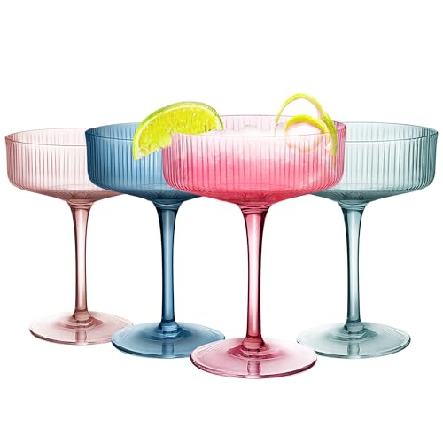 Montex Ribbed Coupe Glasses 10 oz,Multi Color Coupe Glasses, 4Pcs Vintage Martini Glasses, Ideal for...