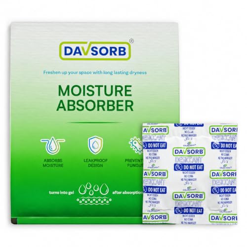 Image of DAVSORB Moisture Absorber Packet - Prevent Fungus, Dampness & Musty Odour - Multisize, White Color (Jumbo Pack of 10,100g each - Large Sachets)