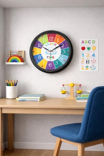Image of AmeraKart- 10 Inch Kids Educational Wall Clock for Learning Time - Colorful Hour & Minute Teaching Clock for Children, Classroom & Study Room Decor I No Drill-Free Adhesive Hook Included