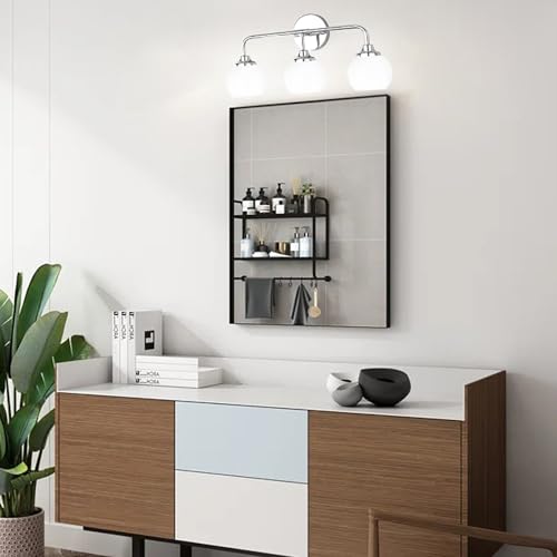 Image of Bathroom Light Fixtures, Chrome Modern 3-Lights Vanity Light Over Mirror, Globe Bathroom Lights with Milky White Glass Shade for Bedroom Living Room Farmhouse 22 inch