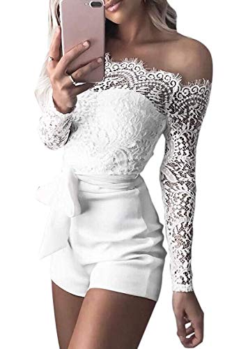 Women Lace Jumpsuit Off The Shoulder Short Pants Belt Sexy Romper White M