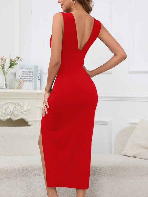 Robe Femme Sexy sans Manches Col en V Profond Robes Longue D'éte Elégant Dos Nu Midi Robe Moulante Casual Bodycon Wrap Robes Plissée avec Fendue de Soirée Cocktail Party Clubwear