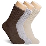 LandReCol Wollsocken Damen 3 Paar – Warme Socken Winter Thermosocken für Frauen – Dicke Stricksocken aus Wolle – Weiche Haussocken in Grau, Braun, Beige – Größe 35-42