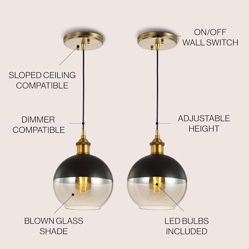 Image of JONATHAN Y Nixon 1-Light 7.5 inch Globe Pendant, Brass Gold /Black, Set of 2 | Mid-Century Modern, Adjustable, Champagne Smoked Glass Shade, LED Bulbs Included, Metal /Glass Kitchen Island Ceiling Fixture