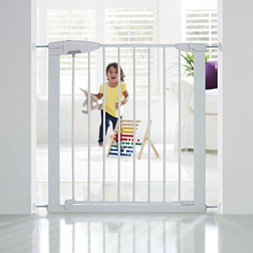 Munchkin Safety Gate Easy Lock, Baby Gate for Doors and Stairs, Child Stair Gate for Widths 73 to 79cm, Stair Gate Pressure Fit - No Screws, One-Handed Opening and Opens Both Sides, Metal, White