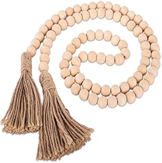 1 Pack 60inch Wood Bead Garland with Tassels,Farmhouse Beads Rustic Country Decor Prayer Boho Beads Wall Hanging Decoration (Nature)