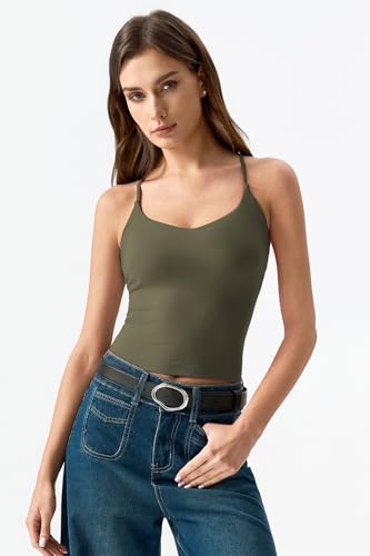 Image of QINSEN Womens Cross Back Tank Top V Neck Double Lined Camisole Top Sleeveless Spaghetti Strap Going Out Tops