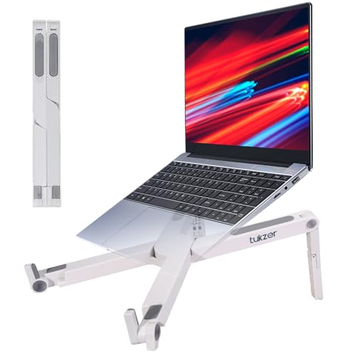 Tukzer Foldable Laptop Stand Riser for Laptop, MacBook, Notebook & Tablets up to 15.6 Inch| Portable- 2 Level Height Adjustable, Ventilation for Cooling, Lightweight Durable ABS Plastic (White)