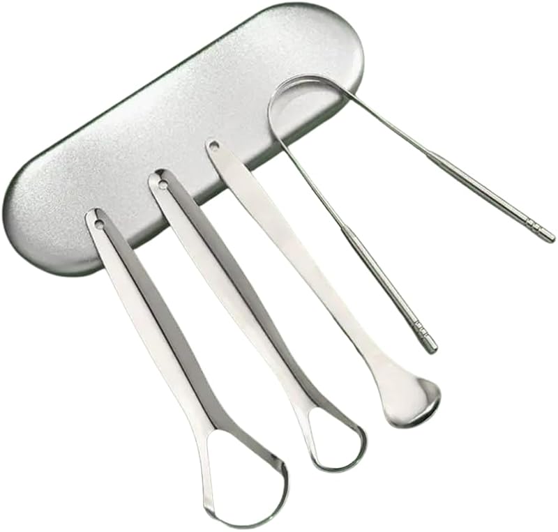Professional Stainless Steel Tongue Scraper Set, 4 Pieces with Portable Case, Oral Care Cleaning Tool for Fresh Breath