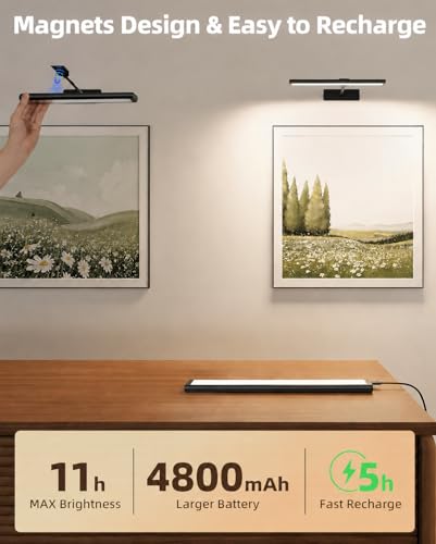 Image of EZVALO Picture Light for Wall, 13'' Black Rechargeable 4800mAh Battery Lights Wireless with IR Remote, Magnetic LED Art Painting Light with 3 Color Temperatures, Display for Gallery, Living Room
