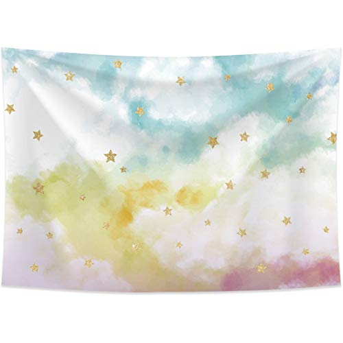 Allenjoy 7X5Ft Photography Backdrops Watercolor Colorful White Cloud Sky Golden Glitter Stars Birthday Party Banner Photo Studio Booth Background Newborn Baby Shower Photocall #TOP17