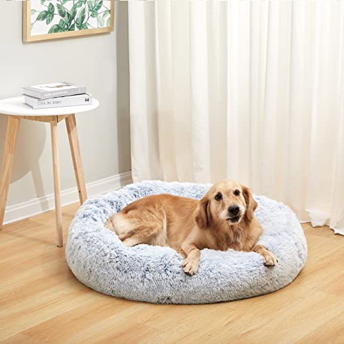 Image of Bedfolks Calming Donut Dog Bed, 36 Inches Round Fluffy for Large Dogs, Anti-Anxiety Plush, Machine Washable (Light Blue, Large)