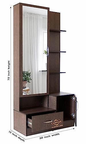 Image of CASPIAN Engineered Wood 1 Door Wardrobe Cum Vanity Dressing Table (Rainforest Brown) | Furniture with Mirror | Makeup & Accessories Storage Organizer with 4 Shelves, 1 Cabinet & 1 Drawer