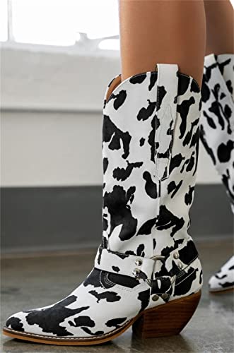 Keleimusi Cowgirl Mid-Calf Boots Cow Print Micro-Suede Almond Toe Stacked Low Heeled Chunky Western Booties thumb #1
