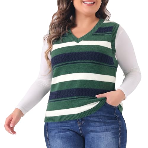Image of Agnes Orinda Plus Size Sweaters for Women Sleeveless V Neck Striped Knit Casual Pullover Sweater Vests
