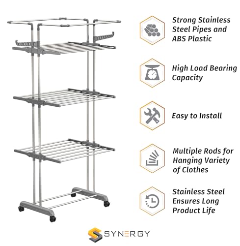 Image of Synergy - Premium Heavy Duty Stainless Steel Clothes Drying Stand | Cloth Dryer Stand | Cloth Stand for Drying Clothes Foldable | Cloth Hanging Stand | Cloth Drying Stand (4-Tier) Grey - SY-CS20-L4