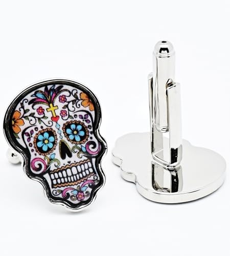Mancuernillas calavera multicolor para hombre miniatura 4