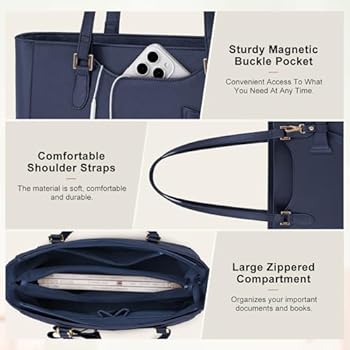 URAQT Dames Handtas Draagtassen, Grote PU Lederen Schoudertas Handtassen, 15,6 inch Lichtgewicht Laptop Draagtas met Ritsvak, Zwarte Designer Damestas voor School, Werk, Reis