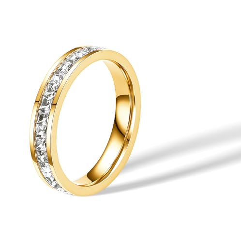 munone18k Gold Plated Minimalist Princess Cut Cubic Zirconia,Channel Set Eternity Rings for Women Men,Non Tarnish Hypoallergenic Titanium Band Stackable Ring