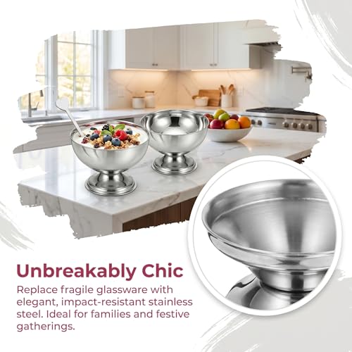 Image of Stainless Steel Ice Cream Bowls, 2 Pcs 4 inch Sliver Footed Dessert Cups with Forks Mini Parfait Cup for Sundae Snack Candy Fruit Pudding Yogurt Mousse Sherbet Trifle & Cocktail Party