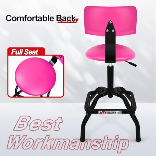 Image of Shop Stool with Backrest, Mechanic Garage Stool for Workshop, Adjustable Shop Stools Chair, Padded Workbench Stools for Men Women, 300 LBS Capacity, 360 Swivel PVC Seat, Heavy Duty, Pink