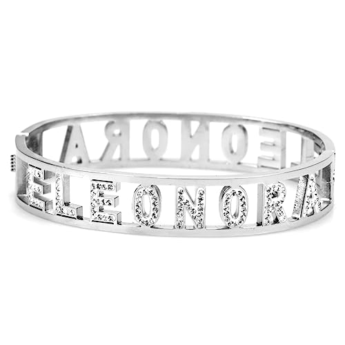Flowers Bracciale Rigido in Acciaio con Nome Vari e Zirconcini. Sacchettino in tessuto. Scritta nome ricoperta di strass Brillantissimi. Chiusura a molla. Idea Regalo (Eleonora)
