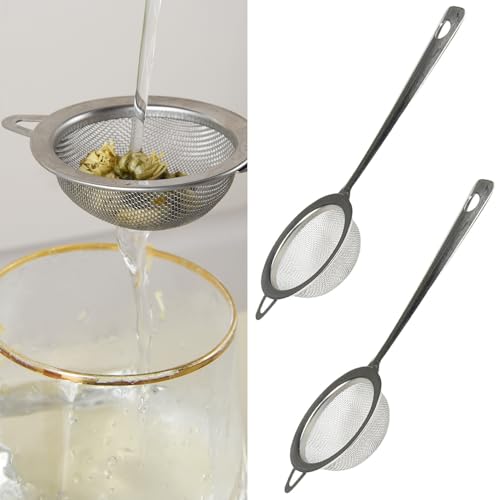2 Pcs Tea Strainer Fine Mesh, Stainless Steel Metal Sieve with Non Slip Handle, Small Fine Mesh Strainer for Loose Tea, Coffee, Spices, Kitchen Sifter, Durable and Easy to Clean