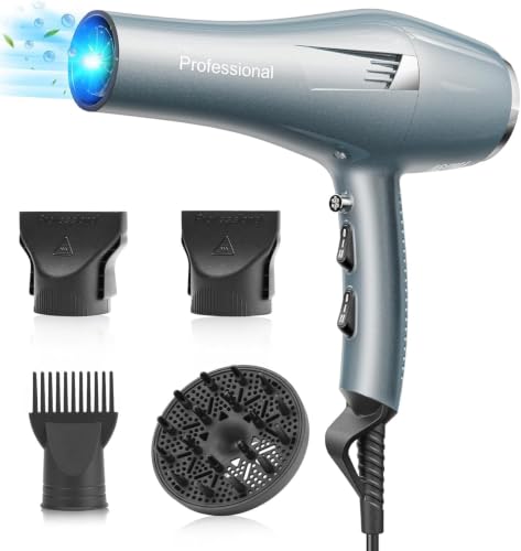 Secador de pelo profesional iones, Hair Dryer iónico con 1 difusor, 2 boquillas de peinado, 3 temperaturas, aire frío y caliente, secado rápido para todo tipo de cabello (Azul Claro)