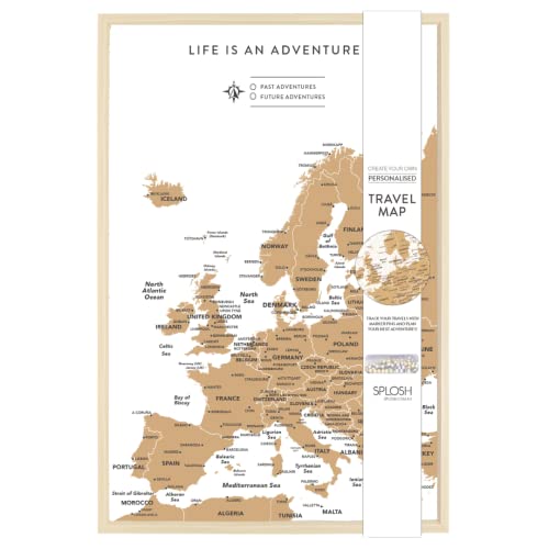 Splosh Mapa de viaje,Tablero de mapa de Europa en blanco, mapa de viaje con 100 pines en 2 colores para marcar tus aventuras pasadas y futuras, elegante tablero de mapa de Europa