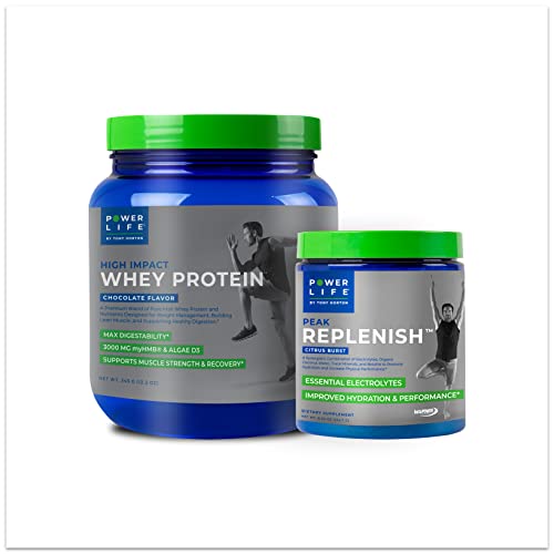 POWERLIFE Tony Horton High Impact Grass Fed Whey Protein with 3000 MG of HMB, No Sugar Added, Non-GMO, Hormone and Antibiotic Free 15 Servings (Chocolate) + Peak Replenish Vegan Electrolyte Powder