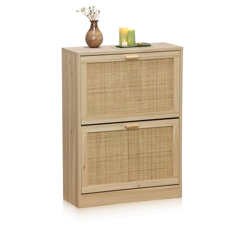 duehome | Made, Zapatero 2 Puertas, Zapatero Estrecho, Acabado en Pino y Rattan, Medidas: 60 cm (Largo) x 82 cm (Alto) x 24 cm (Fondo)